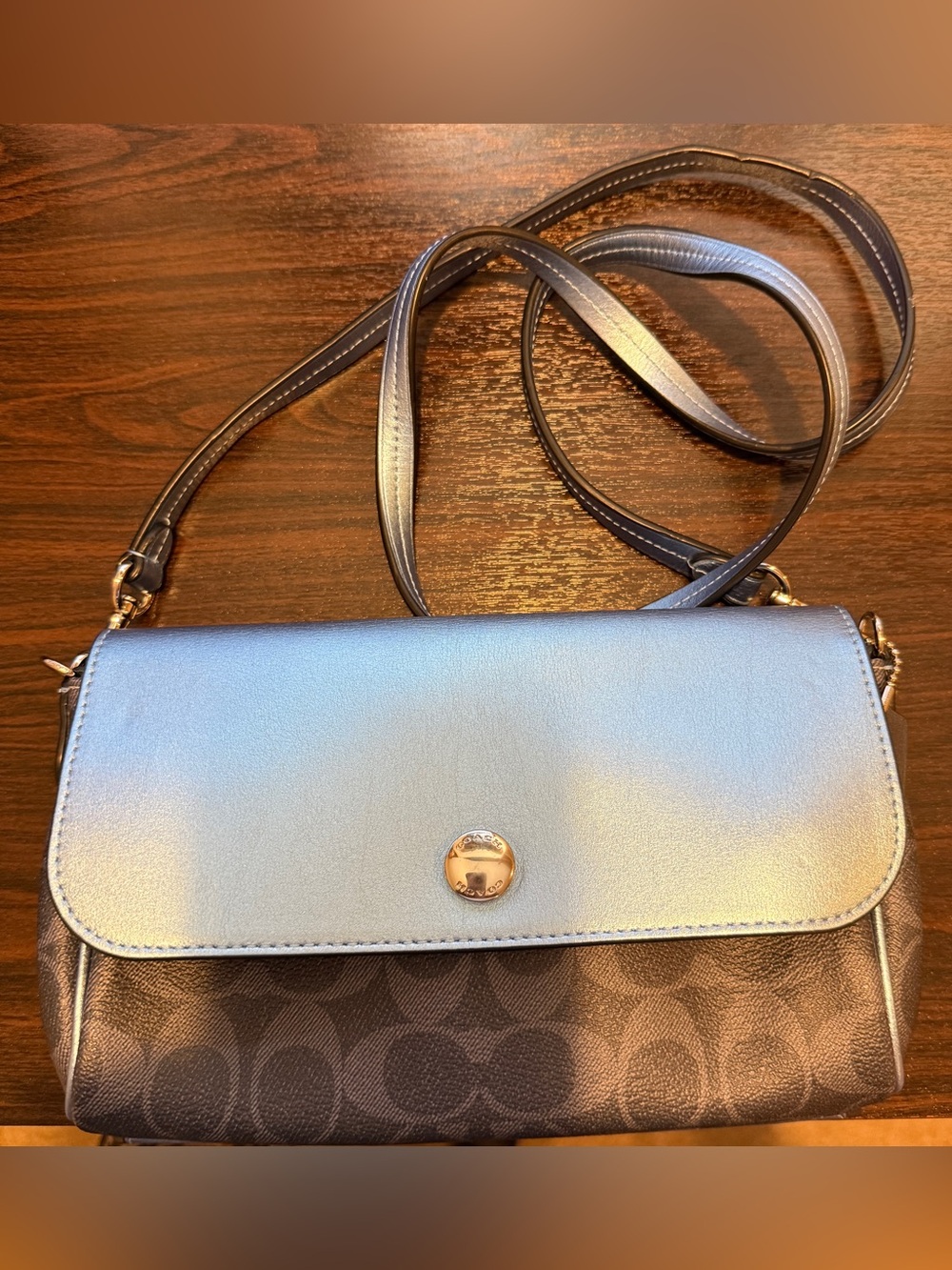 Coach Two-Tone Signature Reversible Crossbody with Light Blue/Navy Blue Flap